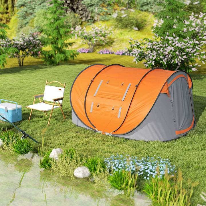 4 Person Pop-up Camping Tent Family Tent with Ground Sheet, 4 Windows and Portable Carry Bag for Beach Outdoor Trip, Orange