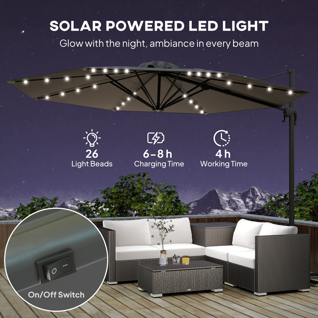 MCL 3(m) Cantilever Roma Parasol Patio Sun Umbrella with Crank & Tilt LED Solar Light Cross Base 360° Rotating Outdoor, Dark Grey