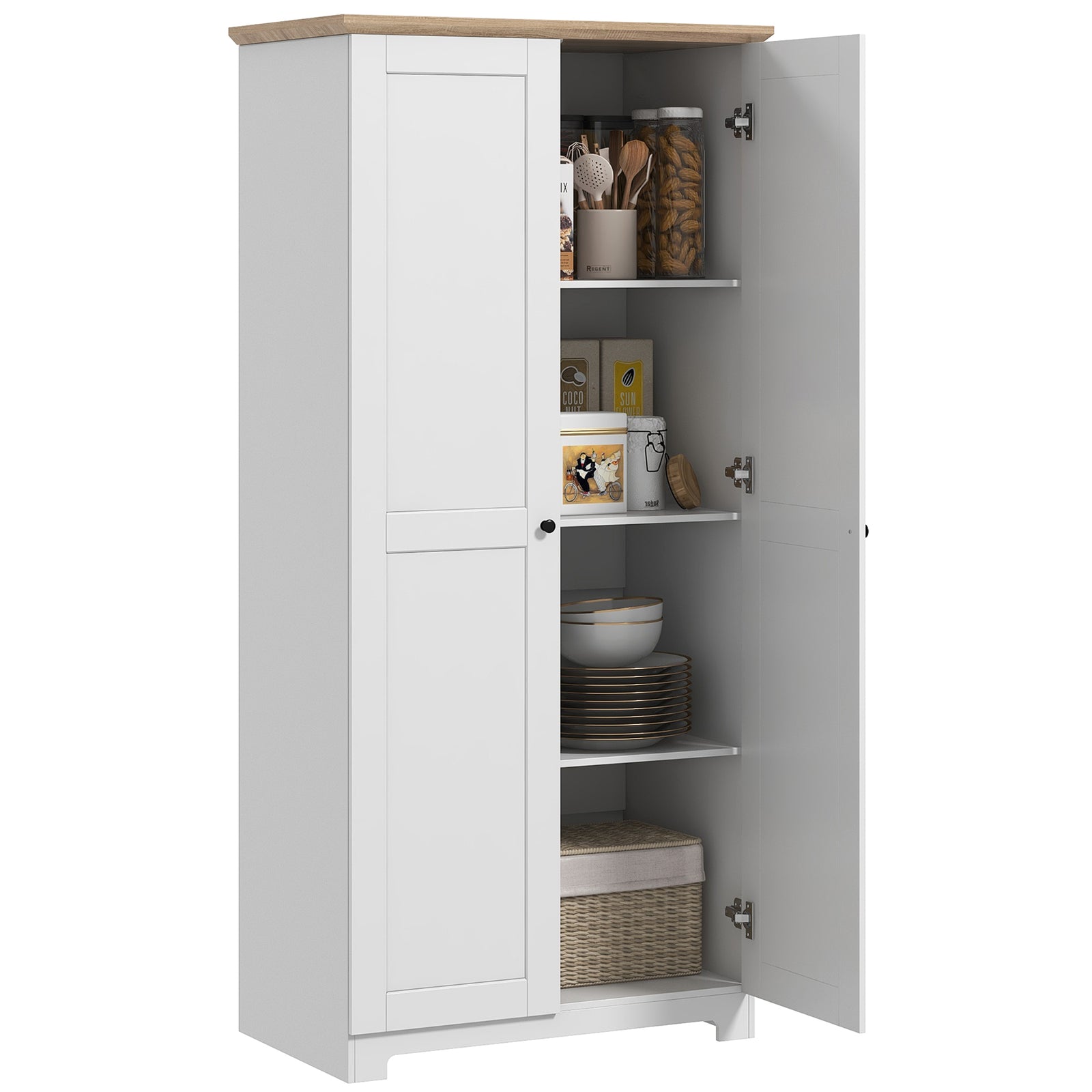 172cm Kitchen Cupboard, Freestanding Storage Cabinet with Doors and Shelves, Modern 2-Door Kitchen Pantry Cupboard for Dining Room, White