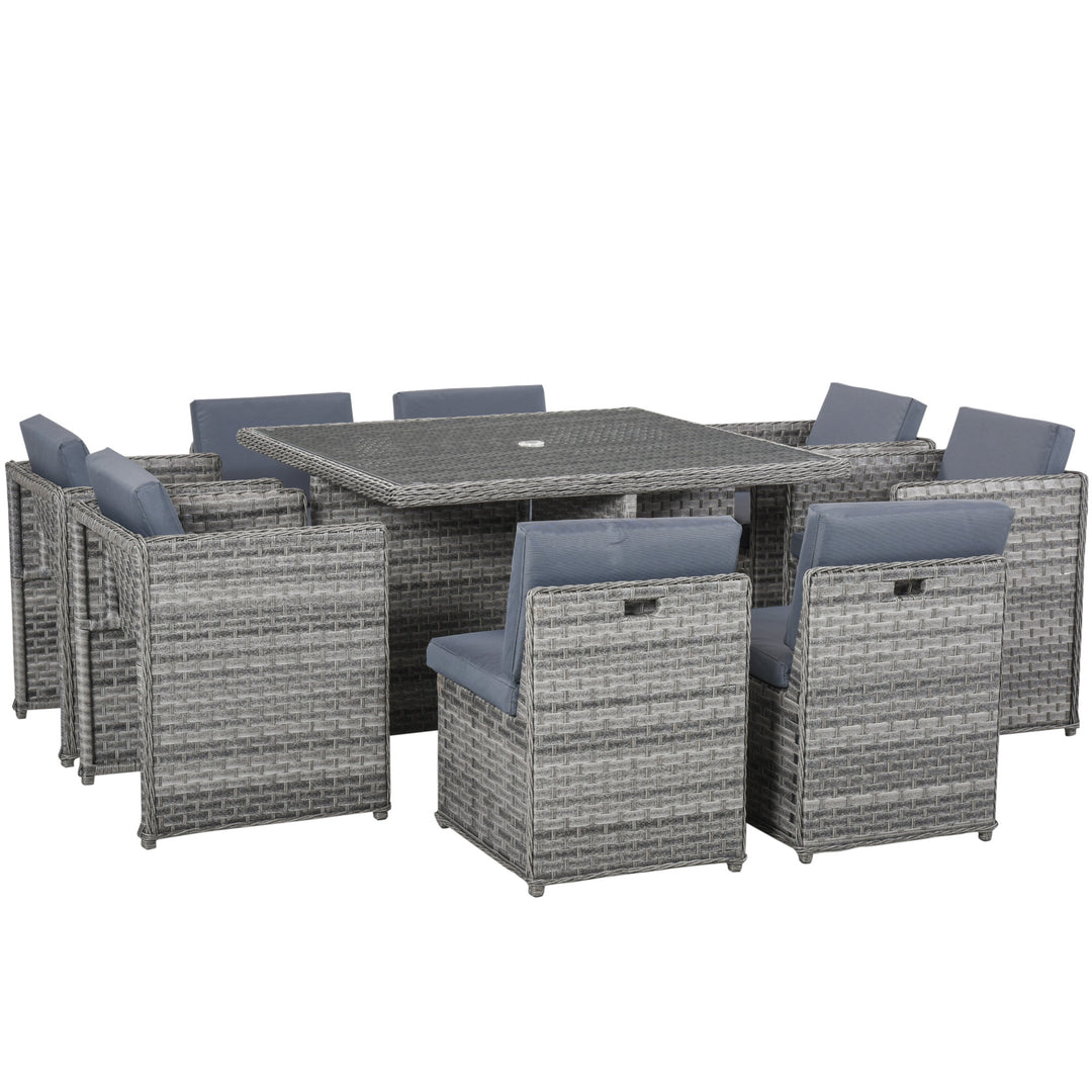 8 Seater Rattan Cube Garden Furniture Set with Parasol Hole, Rattan Dining Set with Cushions, Outdoor Dining Table and Chairs with Square Glass Top Table for Patio, Balcony, Mixed Grey