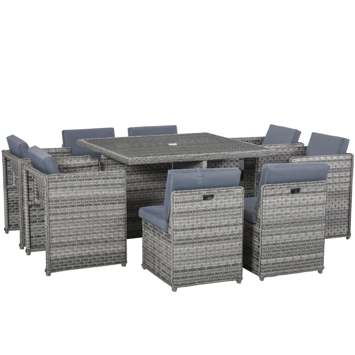 8 Seater Rattan Cube Garden Furniture Set with Parasol Hole, Rattan Dining Set with Cushions, Outdoor Dining Table and Chairs with Square Glass Top Table for Patio, Balcony, Mixed Grey