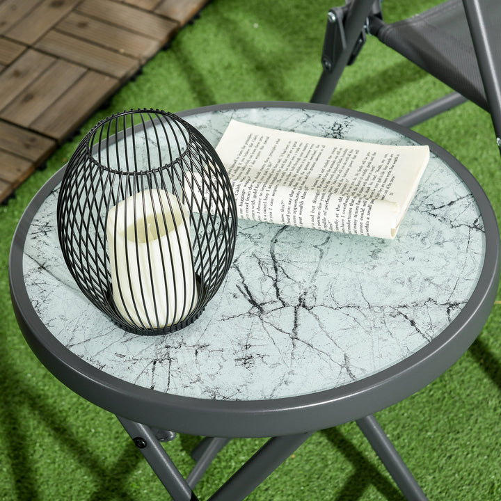 Φ45cm Garden Side Table, Outdoor Round Folding Patio Table with Imitation Marble Glass Top, Small Coffee Table, White