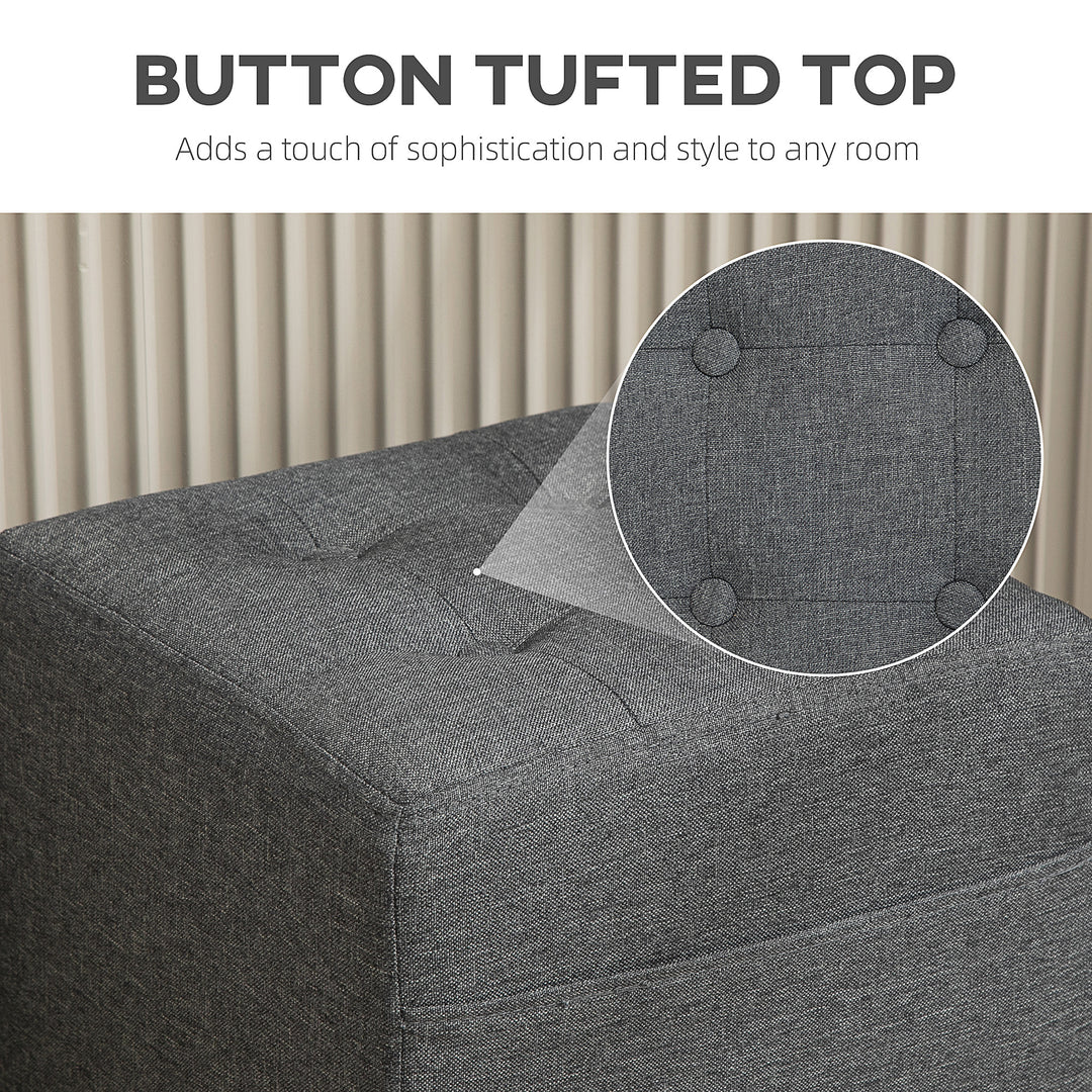 Square Footstool, Small Ottoman with Side Pocket, Linen Fabric Footrest Foot Stool with Rubber Wood Legs and Padded Seat for Living Room, Bedroom, Entryway, 35 x 35 x 35cm, Grey
