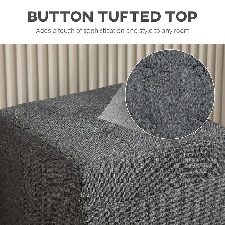 Square Footstool, Small Ottoman with Side Pocket, Linen Fabric Footrest Foot Stool with Rubber Wood Legs and Padded Seat for Living Room, Bedroom, Entryway, 35 x 35 x 35cm, Grey