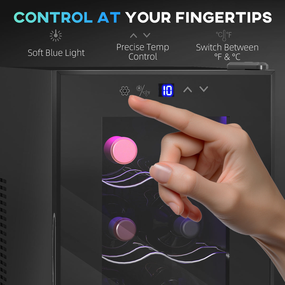 Mini Table Top Wine Fridge, 8 Bottle, 17L, 8-18℃, 26.5cm Quiet Under Counter Wine Cooler Fridge with Glass Door, LED Light, Digital Touch Screen, Temperature Control