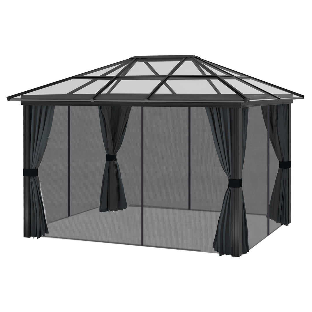 Outsunny 3 x 3.6m Hardtop Gazebo with UV Resistant Polycarbonate Roof and Aluminium Frame, Garden Pavilion with Mosquito Netting and Curtains