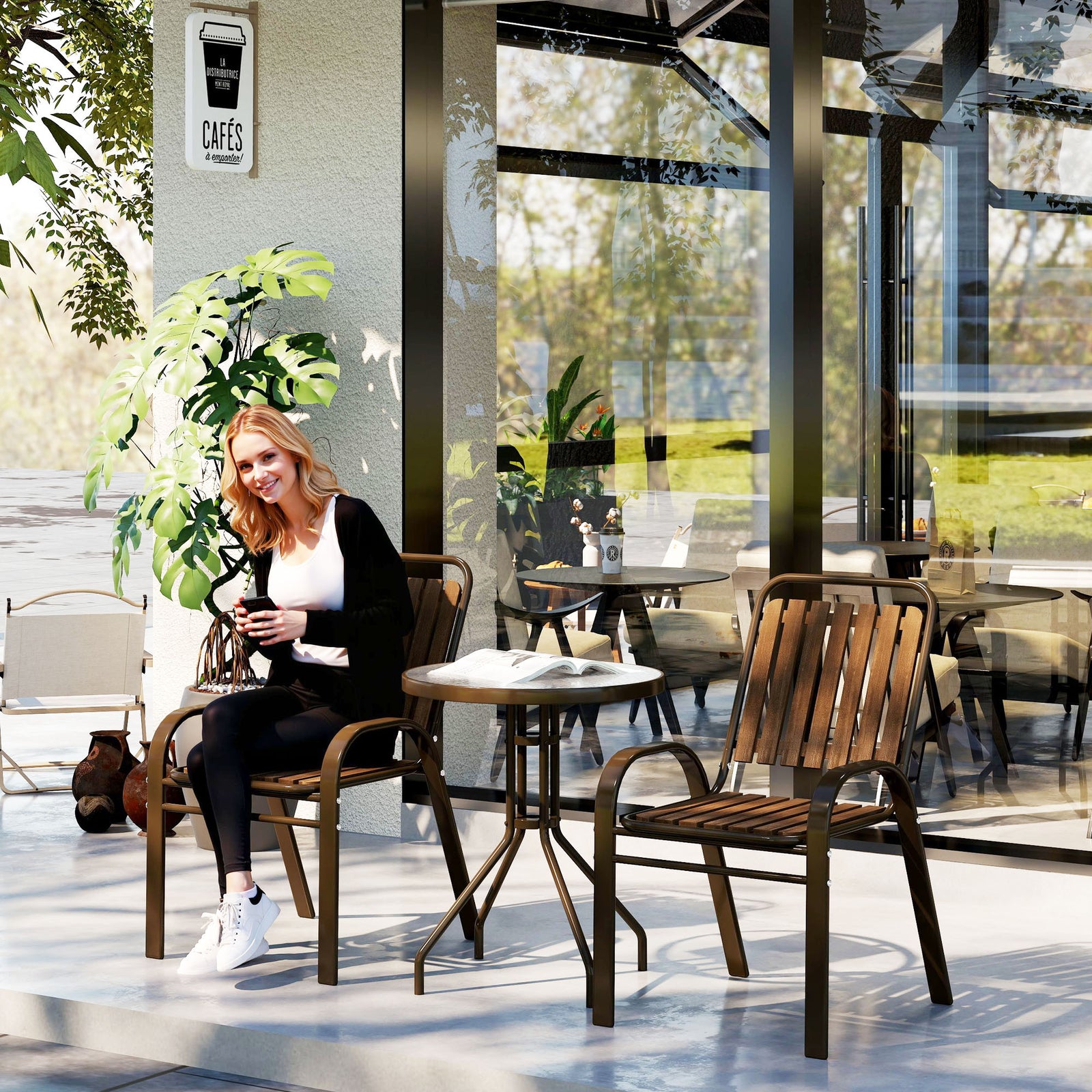 3 Pieces Patio Bistro Set with Stackable Chairs, Tempered Glass Table, for Outdoor, Balcony, Patio, Garden, Dark Brown