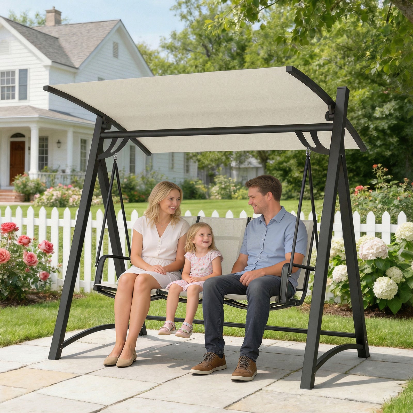 3 Seater Swing Chair, Garden Swing Bench with Adjustable Tilting Canop