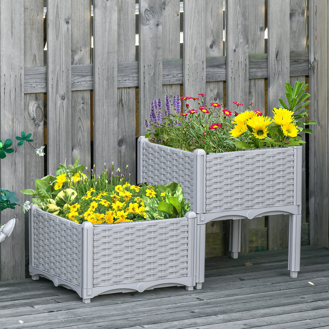 Outsunny 40cm x 40cm x 44cm Set of 2 Garden Raised Bed Elevated Patio Flower Plant Planter Box PP Vegetables Planting Container, Grey | Aosom UK