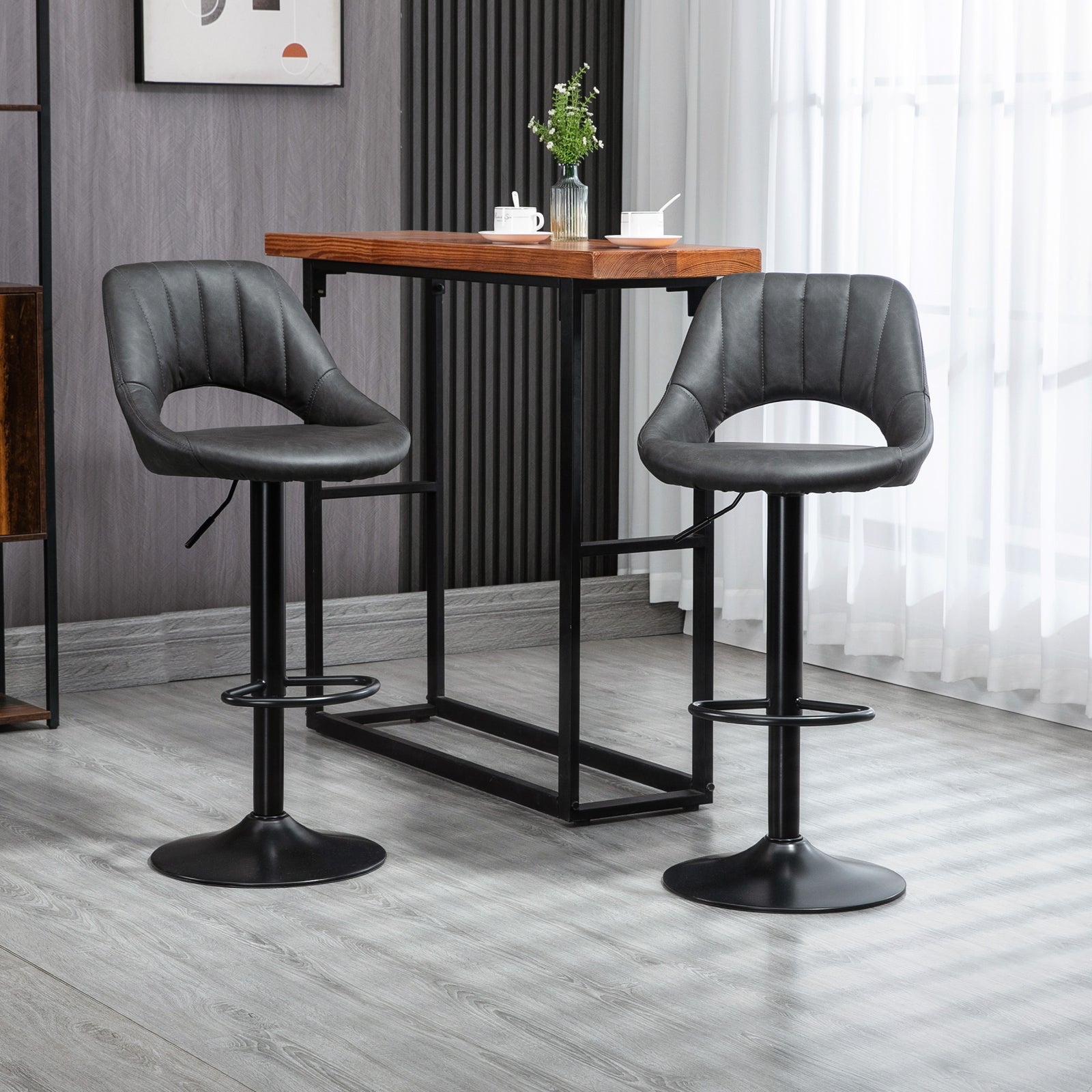 Bar Stools Set of 2, Swivel Counter Height Barstools with Back, Adjustable PU Leather Bar Chairs, Modern Armless Kitchen Island Stool, Dark Grey