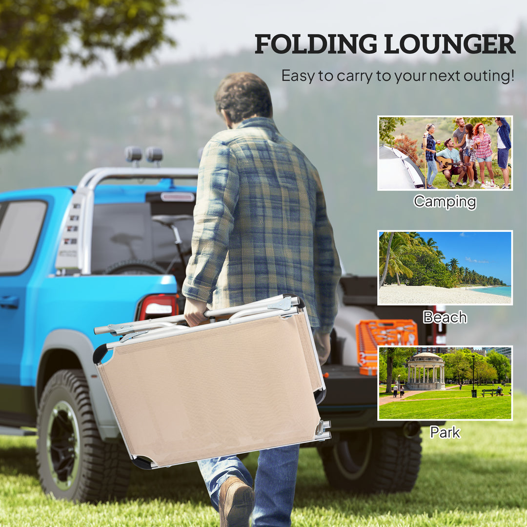 Foldable Outdoor Sun Lounger, Reclining Lounge Chair Camping Bed Cot with Pillow 4-Level Adjustable Back Aluminium Frame, Khaki