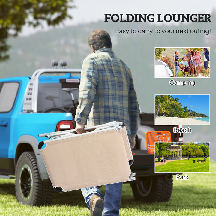 Foldable Outdoor Sun Lounger, Reclining Lounge Chair Camping Bed Cot with Pillow 4-Level Adjustable Back Aluminium Frame, Khaki