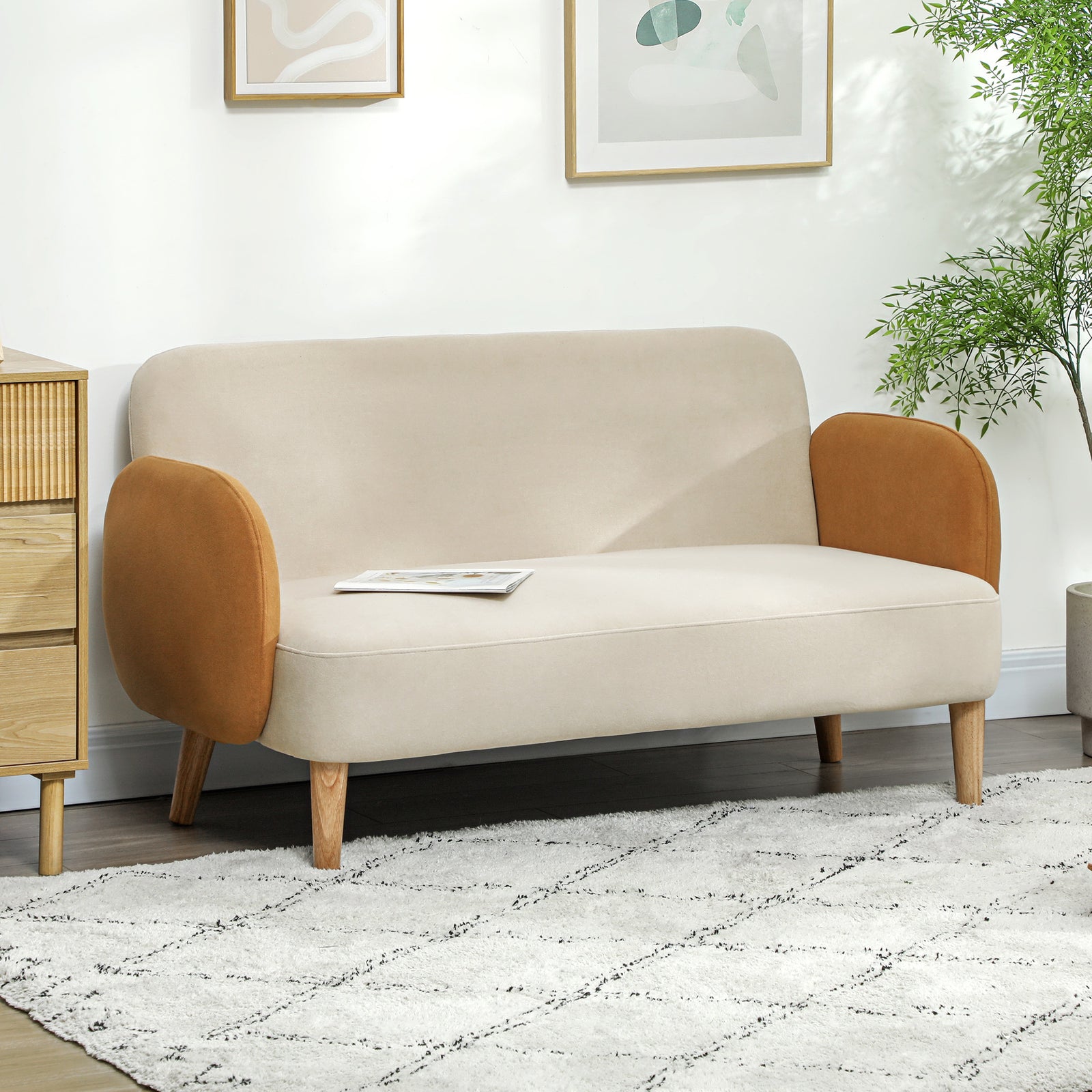 Two-Seater Velvet-Feel Mid Century Sofa - Cream/Orange