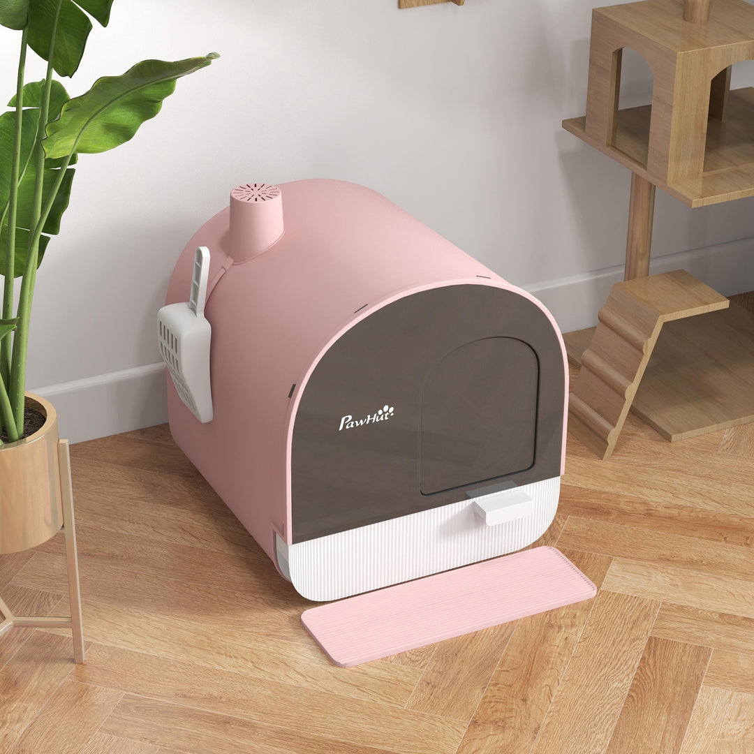 Hooded Cat Litter Box, Kitten Litter Tray, with Lid, Scoop, Filter, Flap Door, Pink