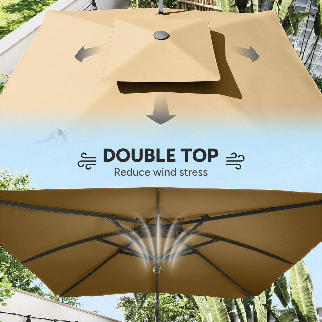 Garden Parasol, 3(m) Cantilever Parasol with Hydraulic Mechanism, Dual Vented Top, 8 Ribs, Cross Base, Khaki