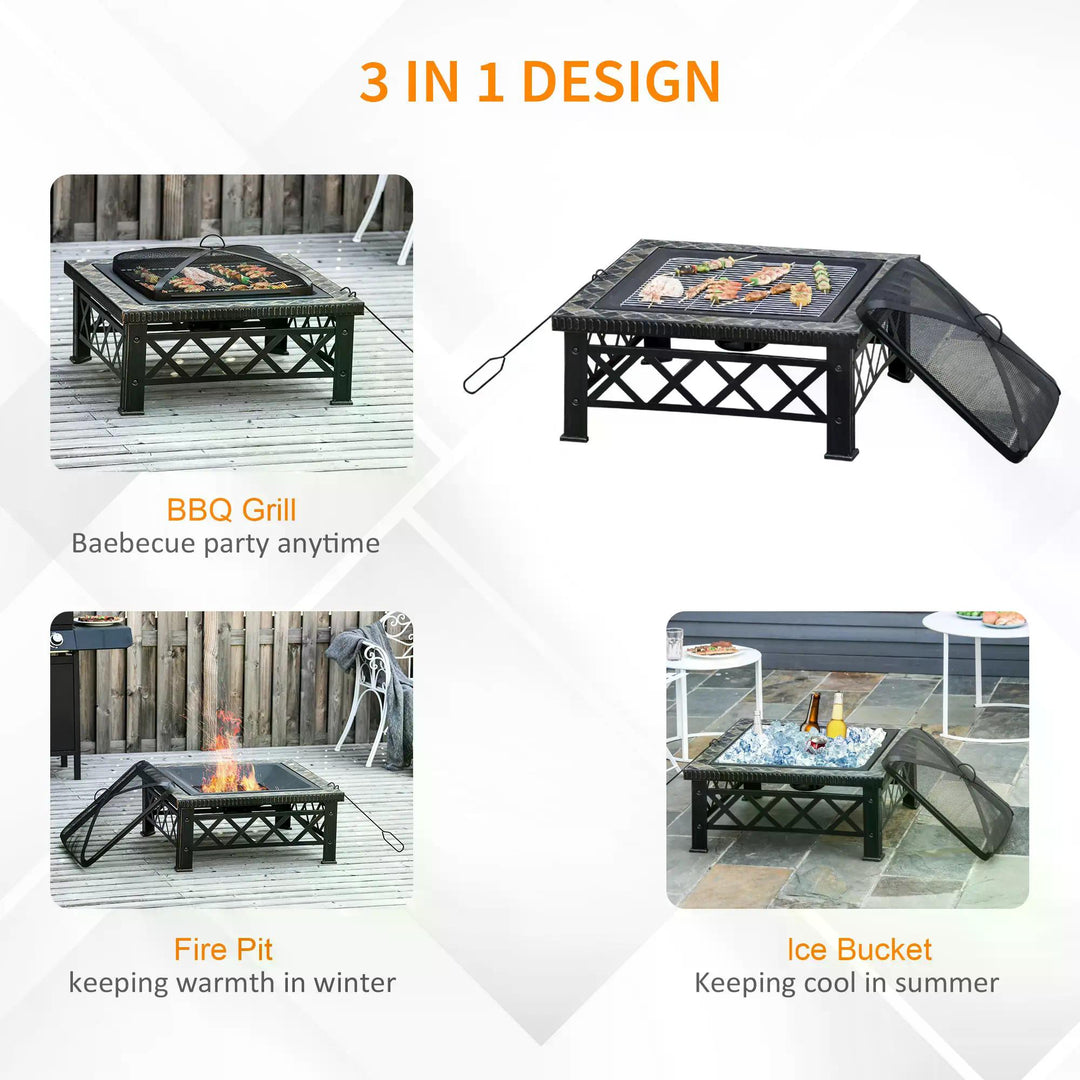 Outsunny 3 in 1 Square Fire Pit Square Table Metal Brazier for Garden, Patio with BBQ Grill Shelf, Spark Screen Cover, Grate, Poker, 76 x 76 x 47cm