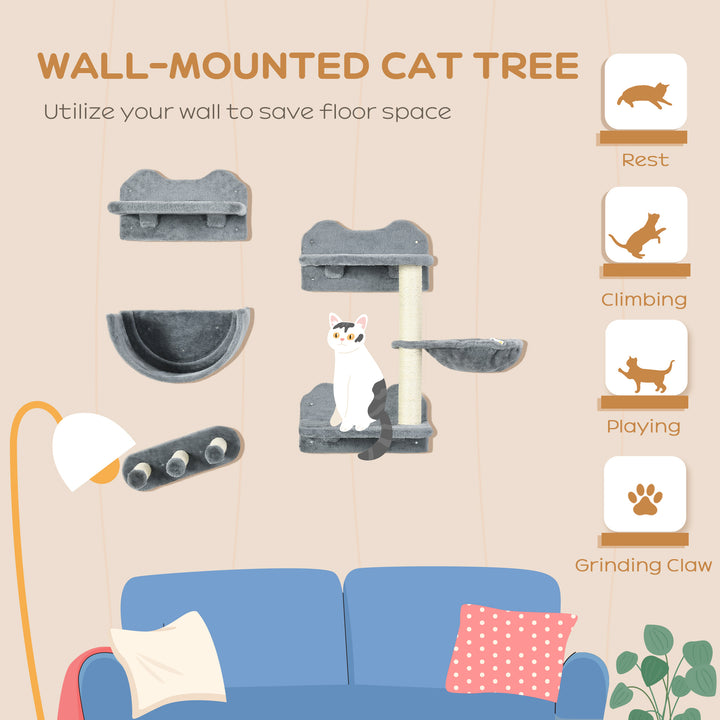 PawHut Cat Shelves Fit Cat Up to 5kg, 4-Piece Set with Scratching Post, Hammock, Nest, Safe for Cats to Play, Grey & Cream | Aosom UK