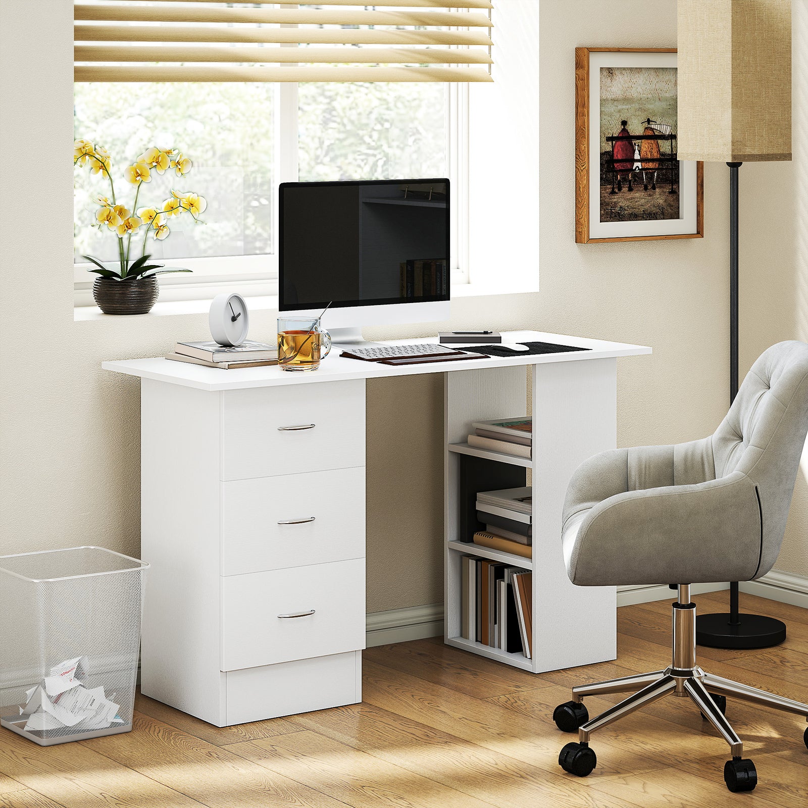 HOMCOM Computer Desk, Writing Table, PC Workstation with 3 Storage Shelves and Drawers, Silver Handle, for Home Office, White