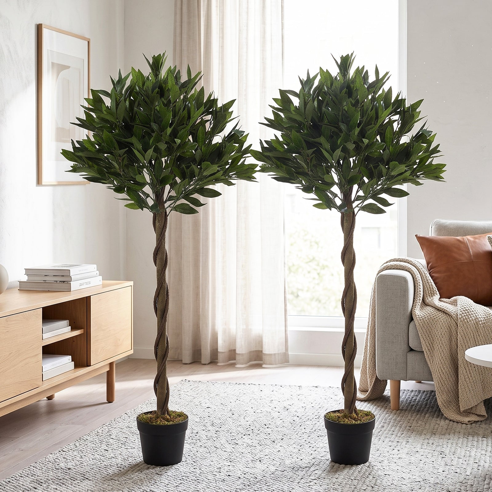 Artificial Bay Laurel Topiary Trees with Twisted Trunk, Realistic Lush