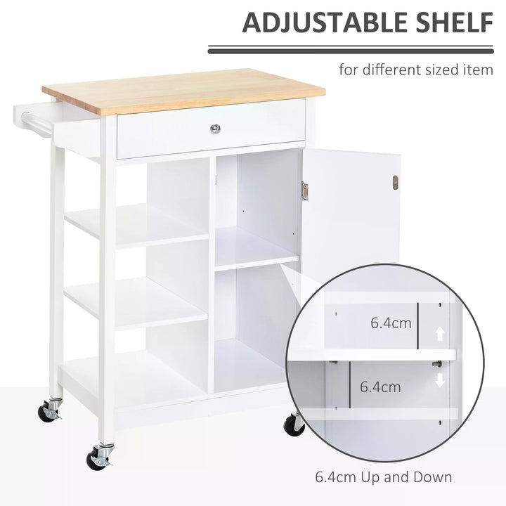 HOMCOM Kitchen Storage Trolley Unit w/ Wood Top 3 Shelves Cupboard Drawer Rail 4 Wheels Handles Moving Shelf Handy Spacesaver White | Aosom UK