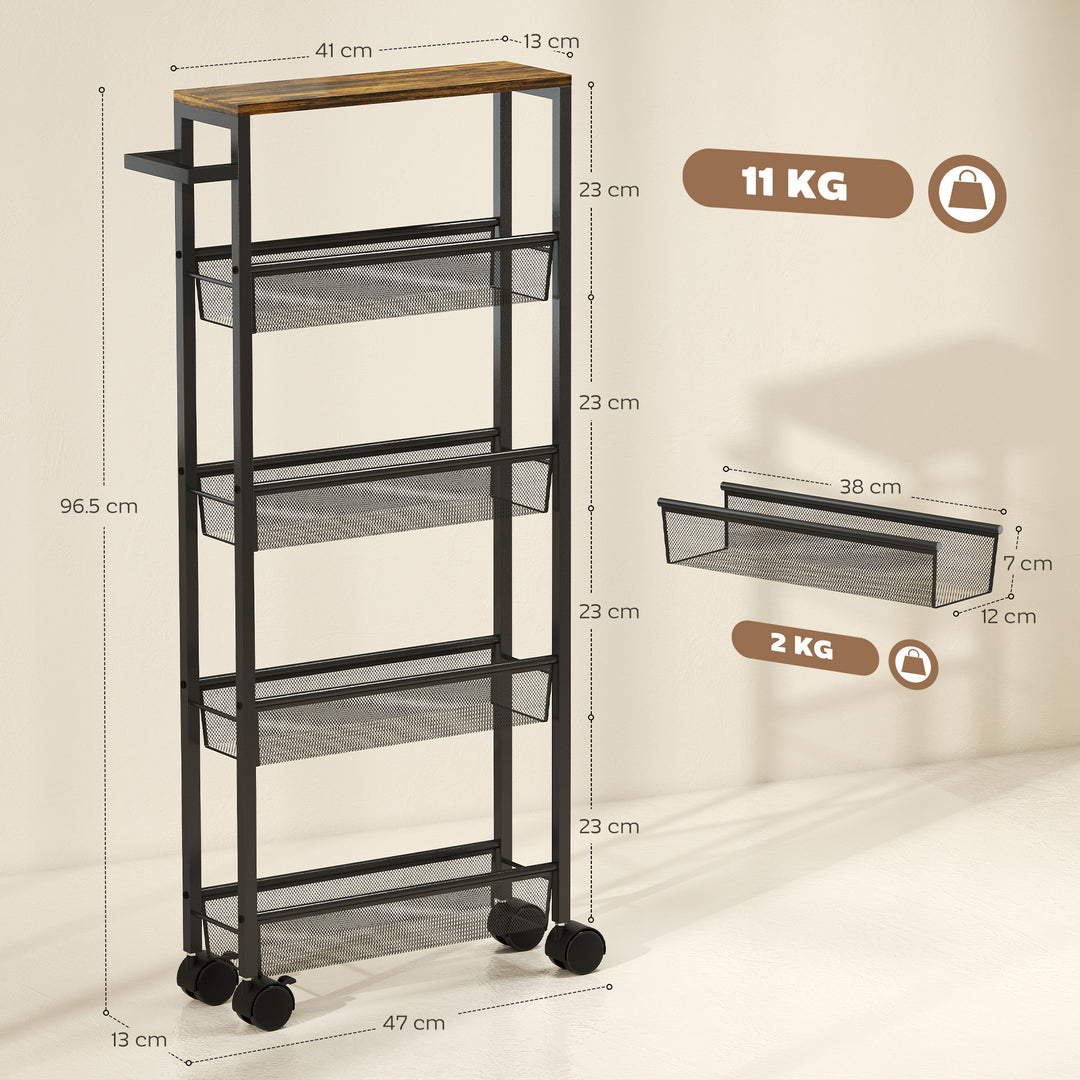 Slim Storage Trolley, 5-Tier Kitchen Cart on Wheels with Wood-effect Top, Handle for Living Room, Bathroom