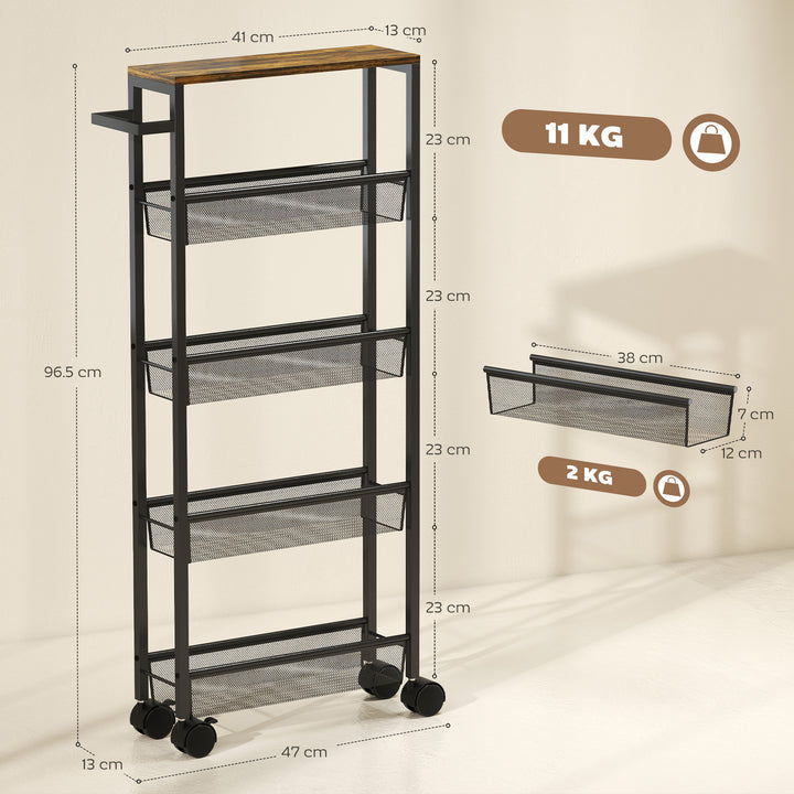Slim Storage Trolley, 5-Tier Kitchen Cart on Wheels with Wood-effect Top, Handle for Living Room, Bathroom