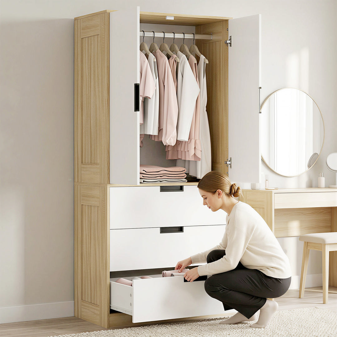 Modern Clothes Storage Cupboard Unit, 3 Drawer 2 Door Wardrobe with Ha