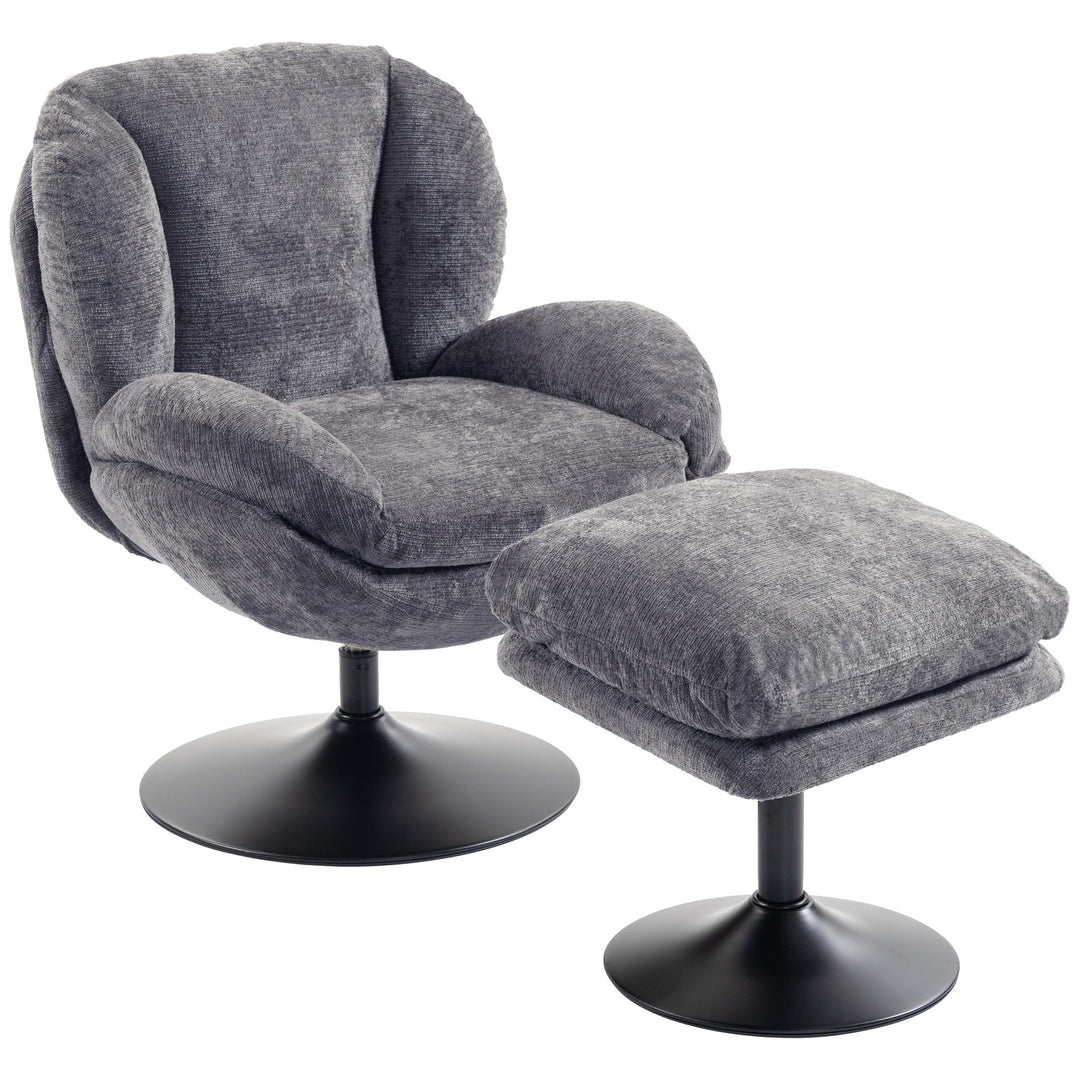 Modern Chenille Lazy Chair with Ottoman, 360° Swivel, Upholstered - Dark Grey
