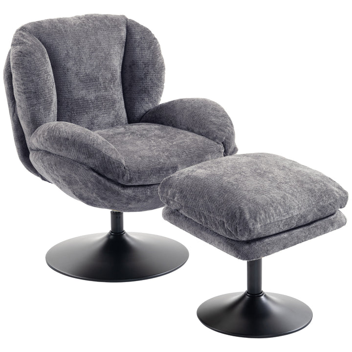 Modern Chenille Lazy Chair with Ottoman, 360° Swivel, Upholstered - Dark Grey