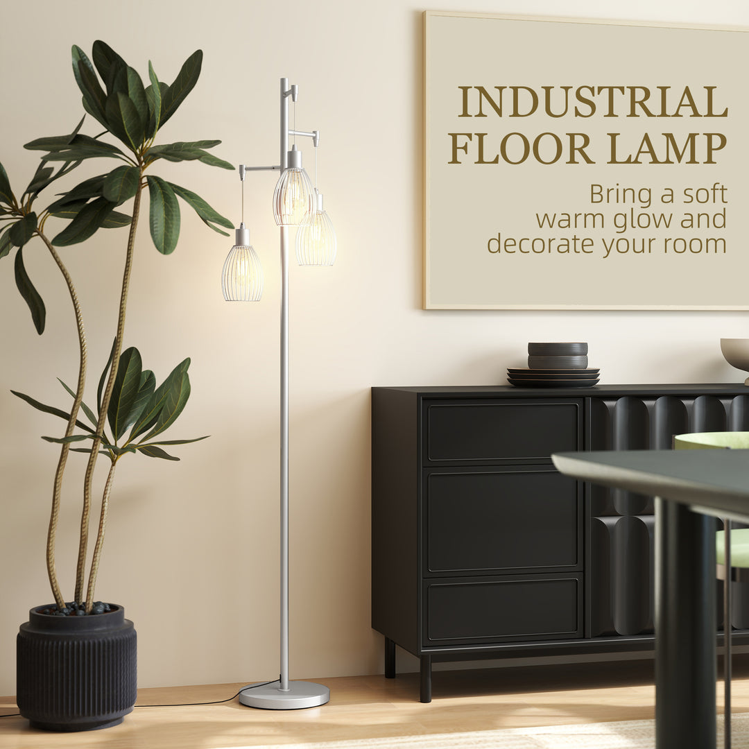 3-Light Floor Lamp, 170cm Industrial Dimmable Standing Lamp with Steel Wire Cage Lampshades for Living Room, Bedroom, Dining Room, Study, Silver Tone