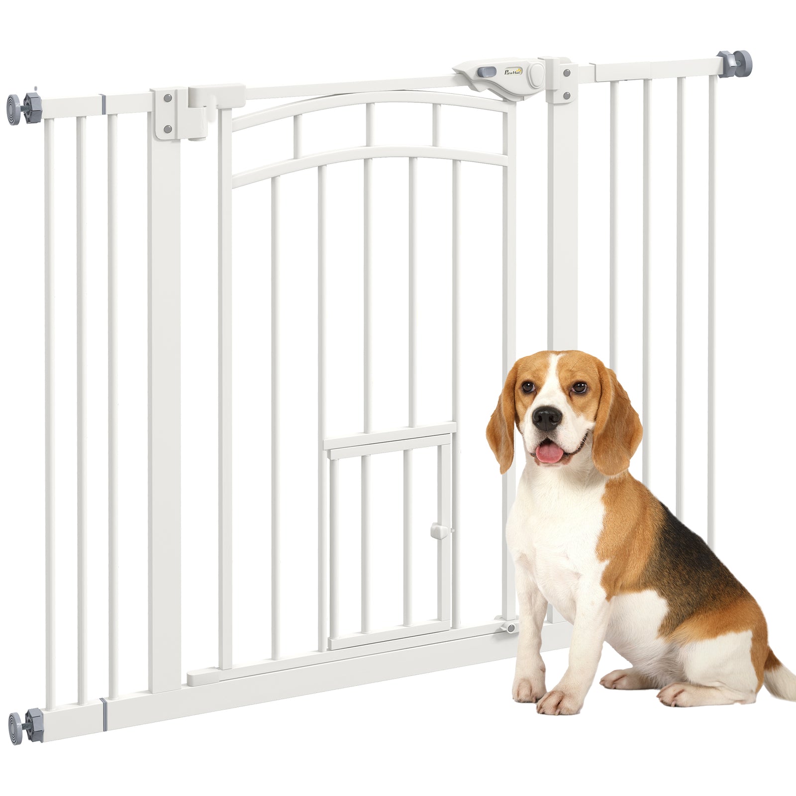 Pressure Fit Stair Dog Gate w/ Small Cat Door, Automatic Closing Door, Double Locking, for 74-100cm Openings - White
