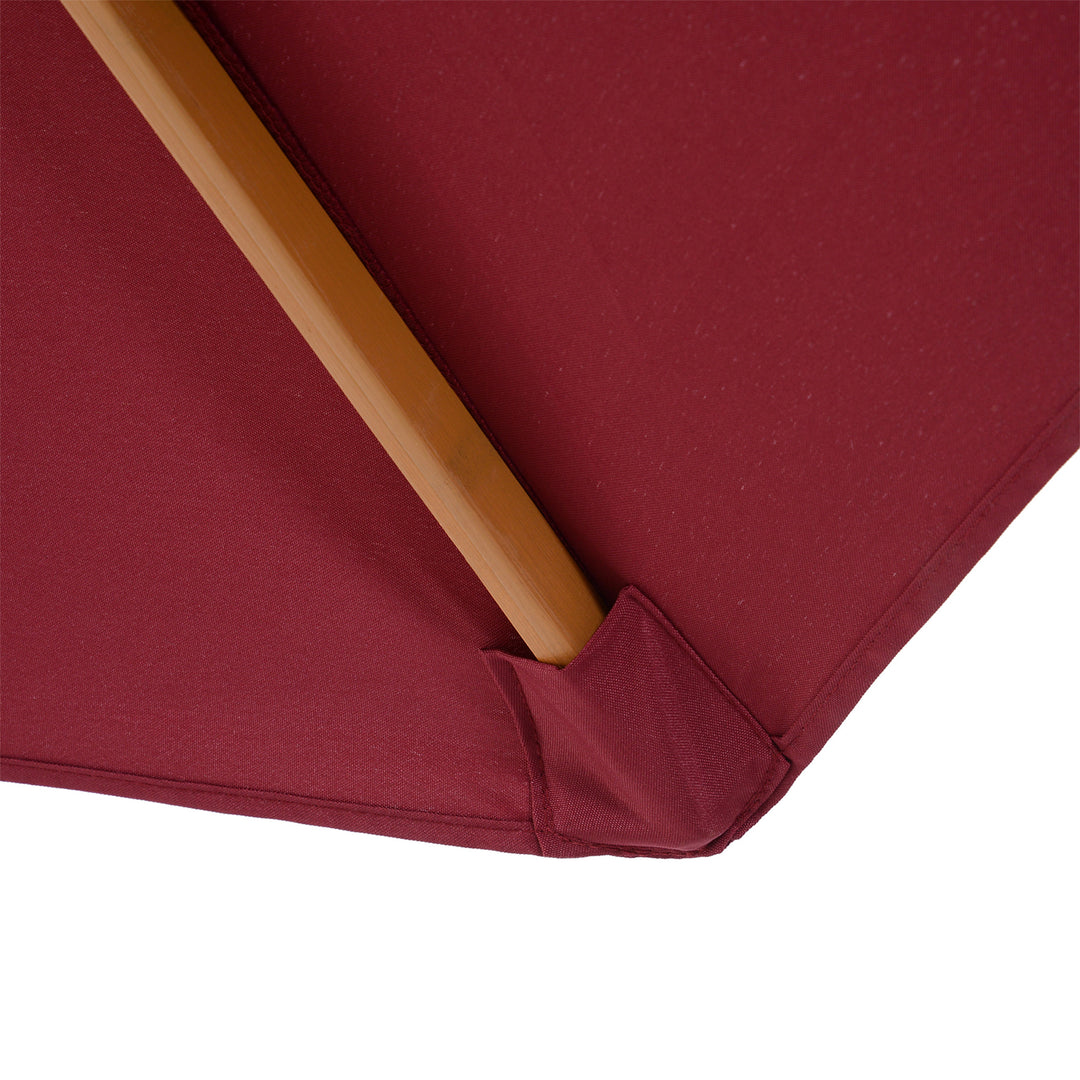 3(m) Garden Parasol, Pulley Operated Patio Umbrella, Wooden Table Market Umbrella with Rope Pulley Mechanism and 8 Ribs, Wine Red