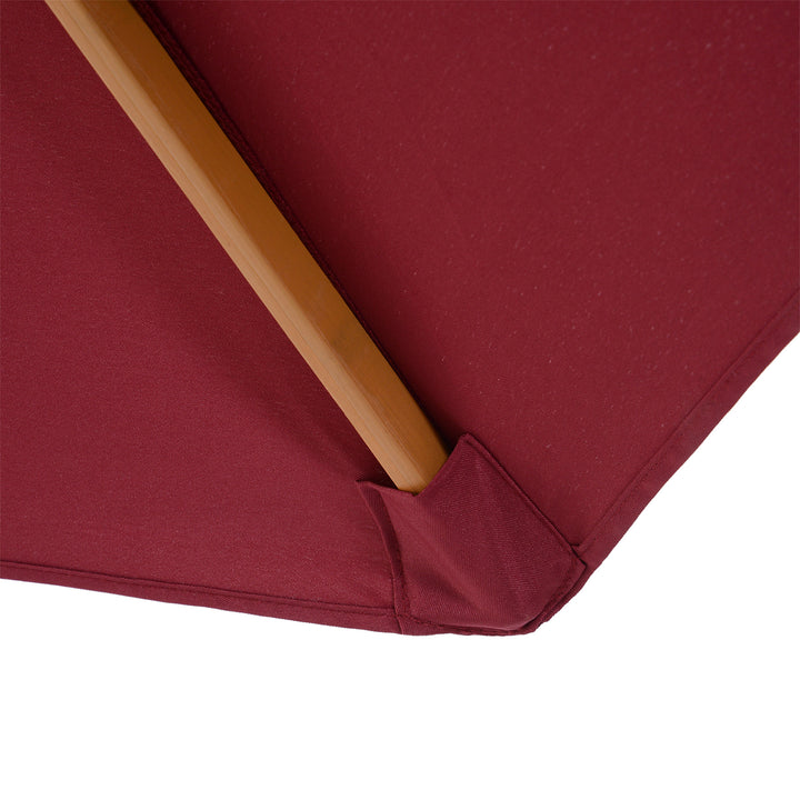 3(m) Garden Parasol, Pulley Operated Patio Umbrella, Wooden Table Market Umbrella with Rope Pulley Mechanism and 8 Ribs, Wine Red
