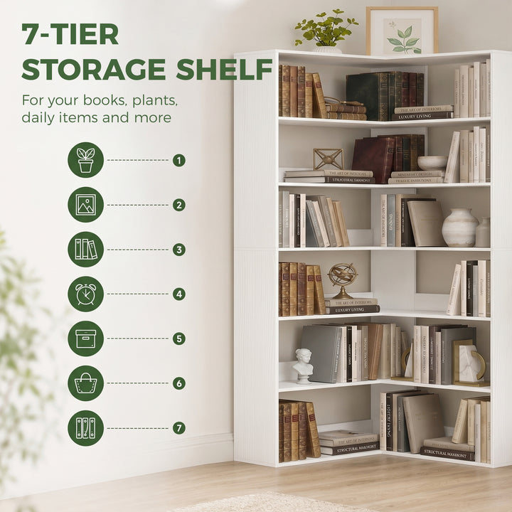 7 Tiers Bookshelf, L-Shaped Corner Bookcase with Anti-Slip Rear Guard,