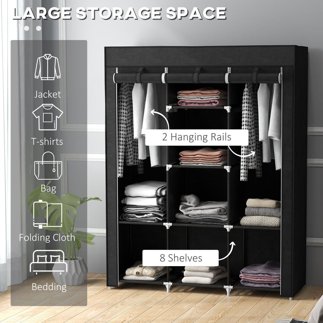 Fabric Wardrobe, with Rails and Shelves - Black