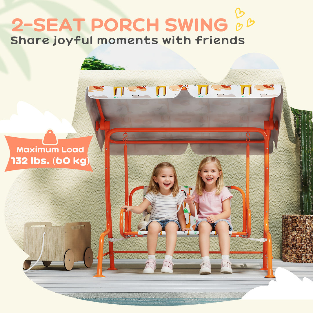 Kids Porch Swing, 2-Seater Patio Swing Bench Hammock with Seat Belts, Adjustable Canopy for Garden - Orange/White