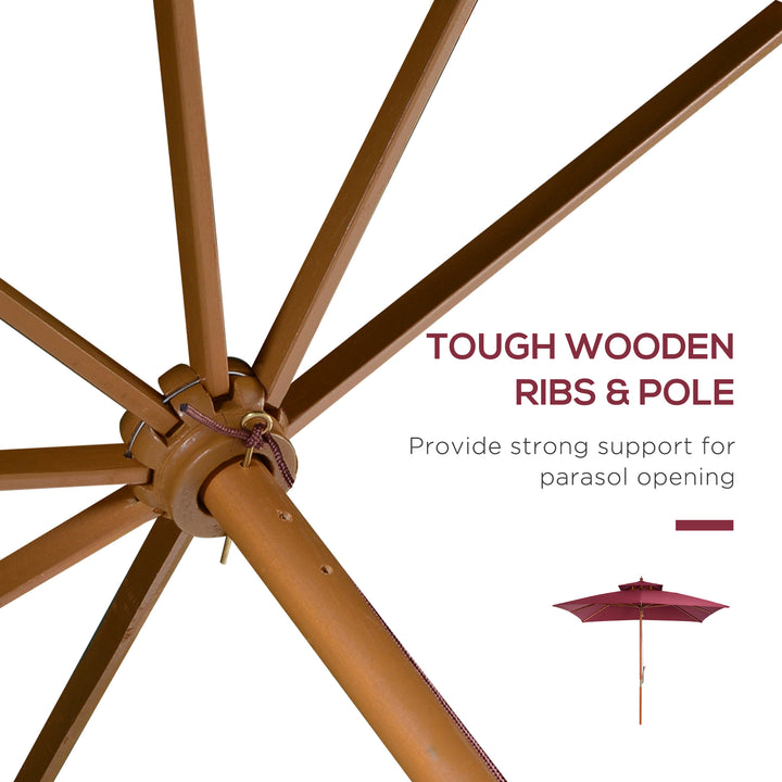 3 x 3(M) Garden Parasol Umbrella Sunshade, Outdoor Wooden Parasol with Double Tier Canopy, Wine Red