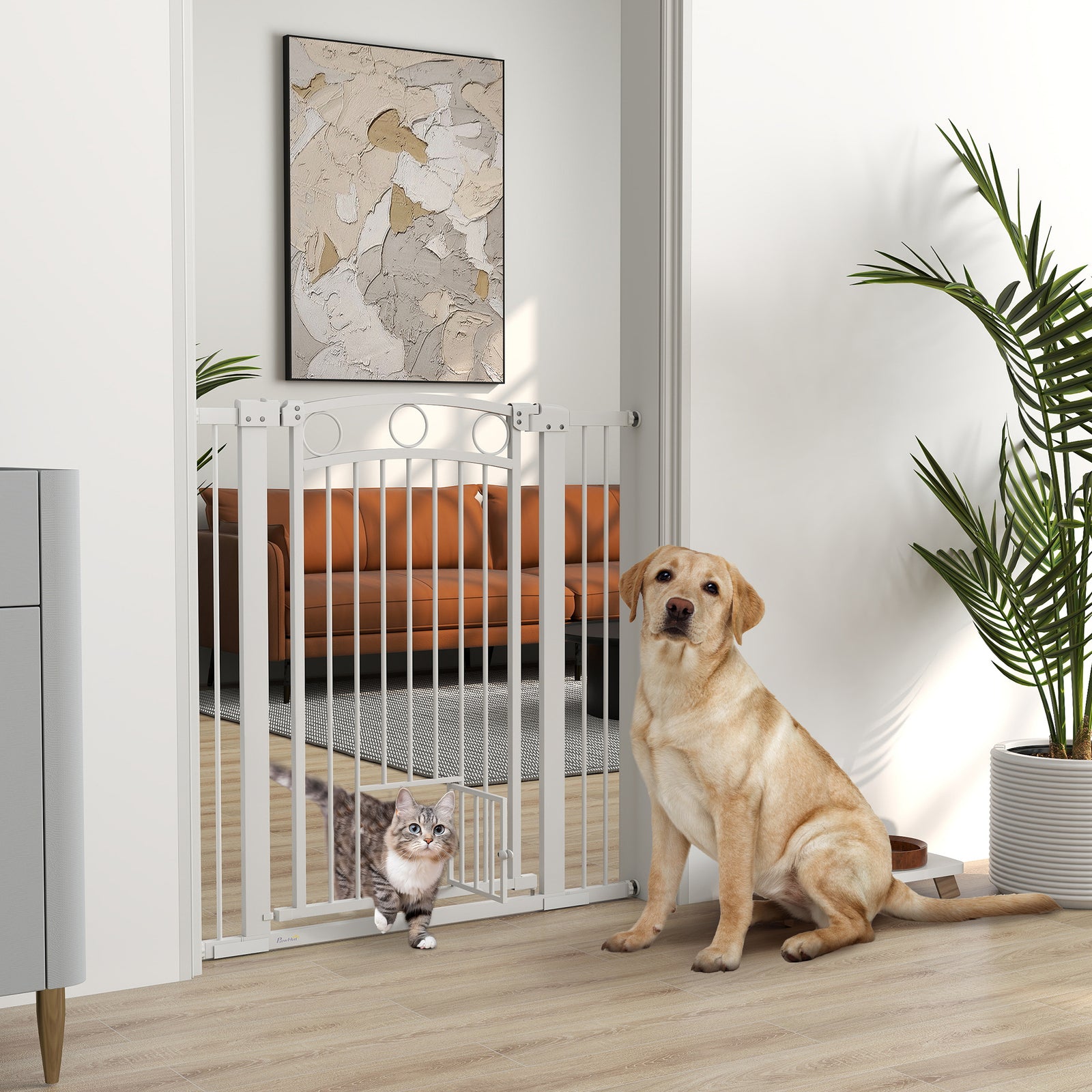 106cm Tall Dog Gate with Cat Door, 7cm and 14cm Extensions, for Stairs, Doorways, 76-104cm Width