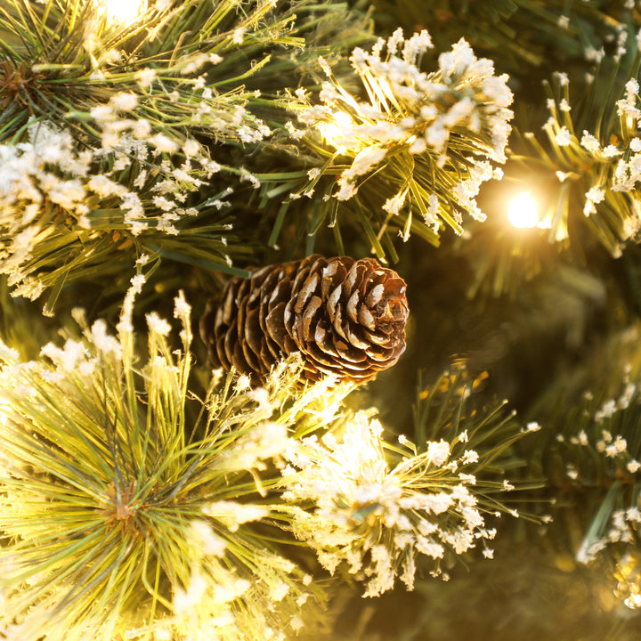 HOMCOM 60 cm Prelit Small Christmas Tree, Snow Flocked Tabletop Mini Xmas Tree with 35 LED Lights, Pine Cones and Linen Cover Base, Battery Operated, Green