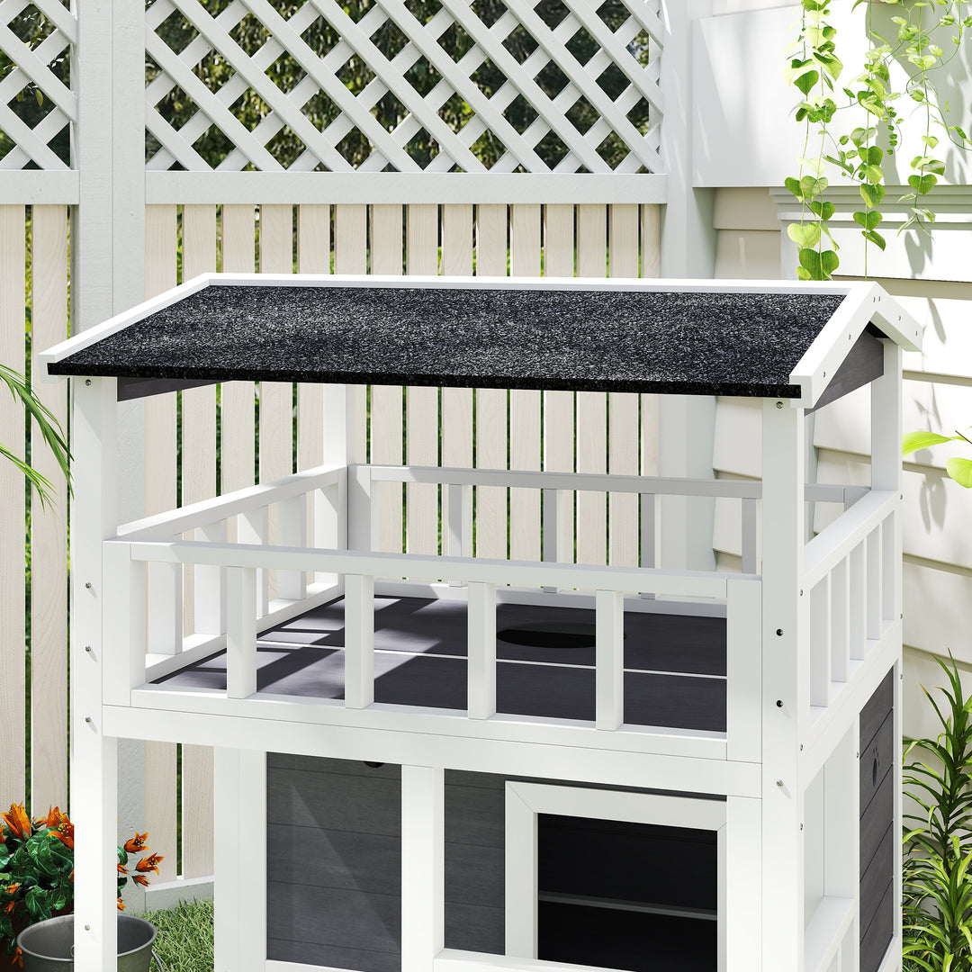 Wooden Outdoor Cat House, 3-Tier Cat Shelter with Tilted Roof, Terrace, Jump Step, Bottom Tray and Elevated Base, Waterproof Paint, Grey
