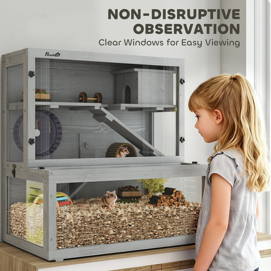 Wooden Hamster Cage with Hut, Wheel, Ramps, Removable Viewing Panels, 80 x 50 x 84 cm