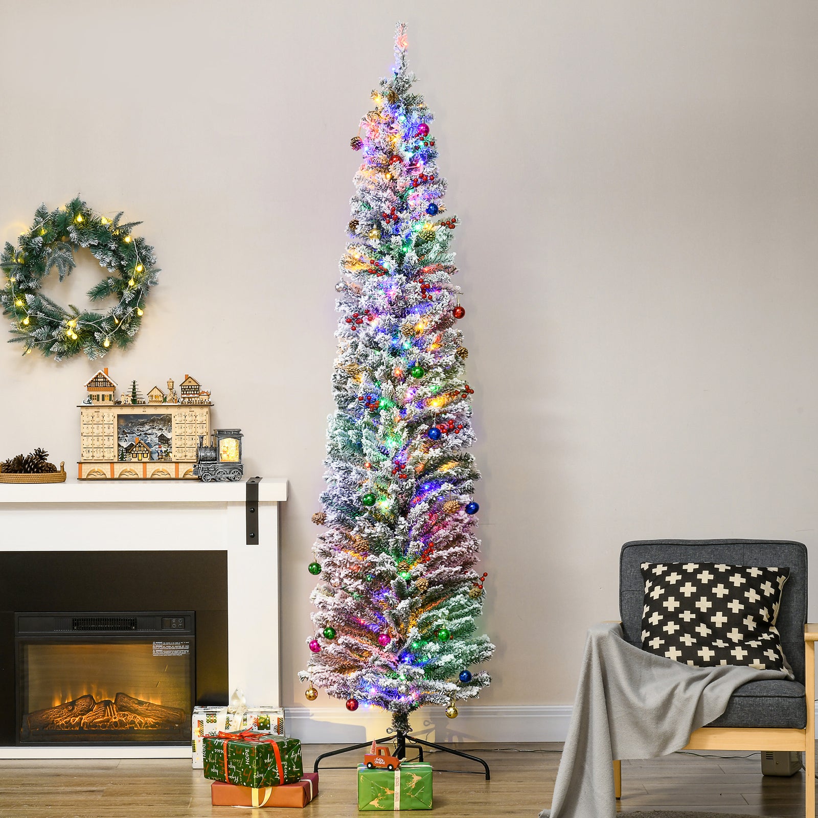 7.5' Artificial Prelit Christmas Trees Holiday Décor with Colourful LED Lights, Flocked Tips, Berry, Pine Cone