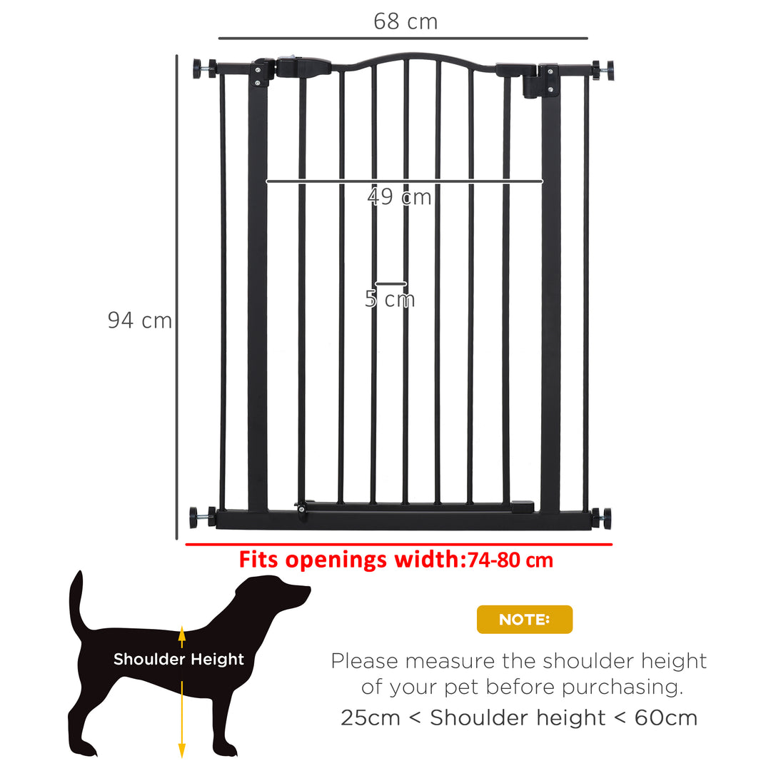 PawHut 74-84cm Adjustable Metal Pet Gate Safety Barrier w/ Auto-Close Door Double Locking Easy-Open Doors Stairs Home Frames Black | Aosom UK