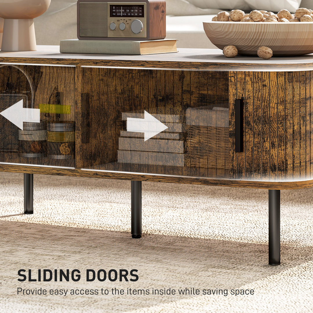 Coffee Table with Storage, Living Room Table with Slatted Tambour Sliding Doors and Foot Pads, Rectangular Coffee Table with Elevated Base for Living Room, Rustic Brown