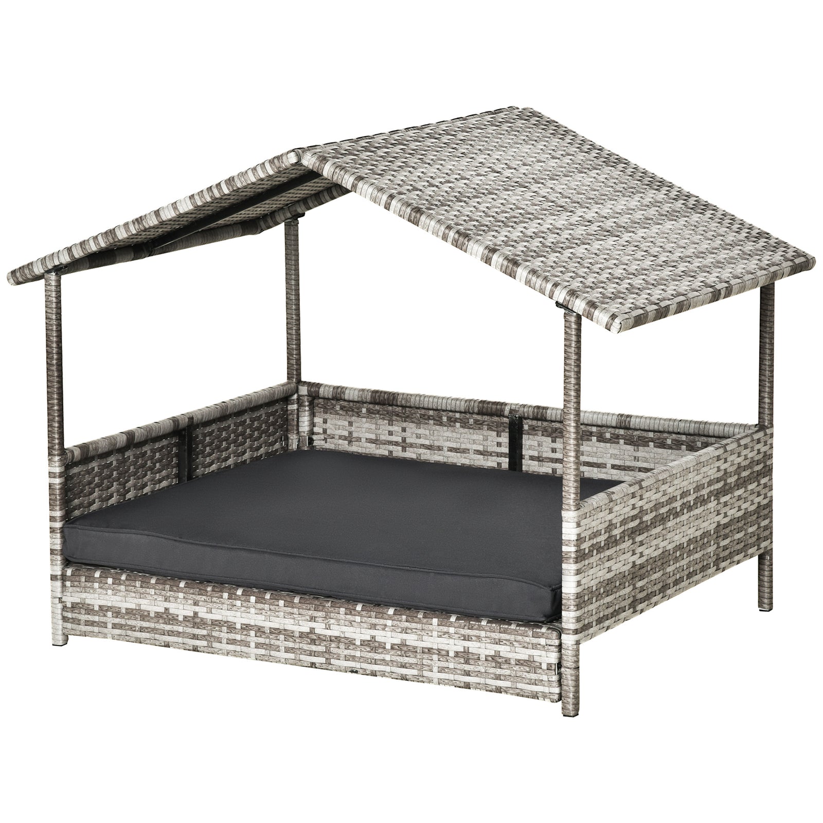 Wicker Dog House, Rattan Pet Bed, with Removable Cushion, Canopy, for Small and Medium Dogs - Dark Grey