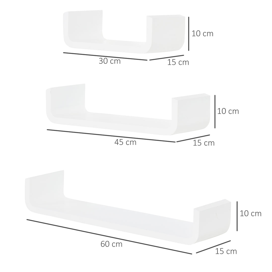 HOMCOM Floating U Shaped Wall Shelves, 3 Piece Decorative Display Shelf Set, Modern Home Decor, White | Aosom UK