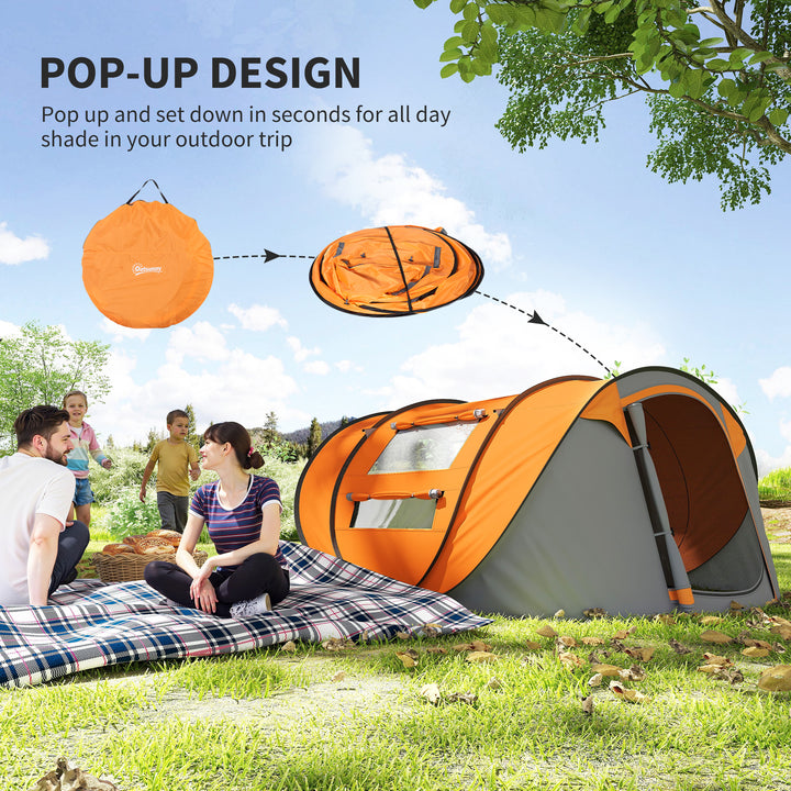 MCL 4 Person Pop-up Camping Tent Family Tent with Ground Sheet, 4 Windows and Portable Carry Bag for Beach Outdoor Trip, Orange
