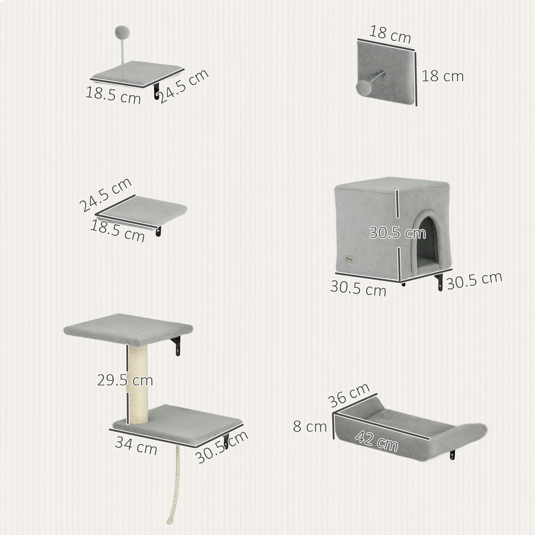 6-Piece Cat Wall Shelves Set with Condo, Cat Wall Furniture with Platforms, Sisal Scratching Post, Bed, Toy Ball, Grey