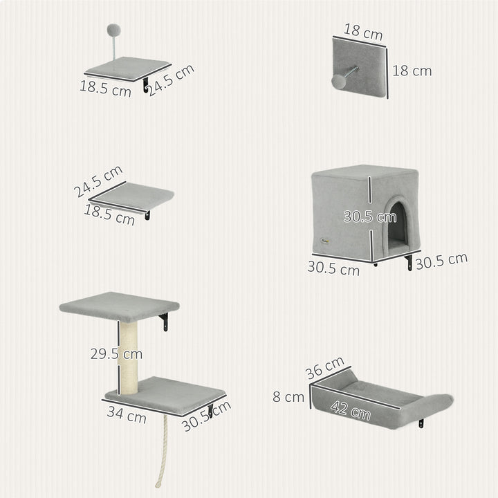 6-Piece Cat Wall Shelves Set with Condo, Cat Wall Furniture with Platforms, Sisal Scratching Post, Bed, Toy Ball, Grey