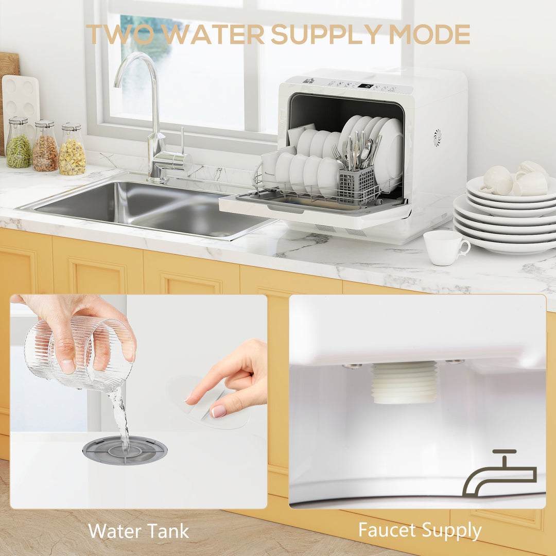 Table Top Dishwasher with Built-in 6L Water Tank, Mini Countertop Dishwasher with 6 Programs, 4 Place Settings, White